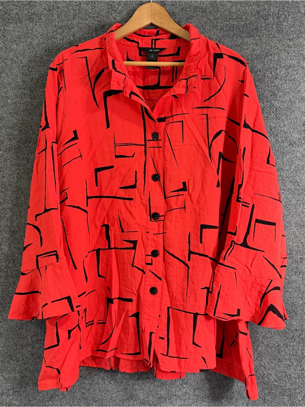 Ali Miles 3X Red Coral Black Abstract Geometric Button Front Tunic Top Shirt